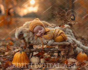 Fall Newborn Digital Backdrop Photography, Autumn Outdoors Composite, Baby Photo Digital Prop Bench, Fall Field, Pumpkin Digital Background.