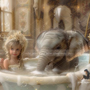 May include: A young girl in a white dress and a lace hat is taking a bath with a baby elephant in a white bathtub. The bathtub is filled with bubbles and the girl is smiling. The elephant is looking at the girl and has its trunk in the water.