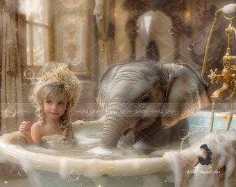 Nursery Digital Backdrop for Photography, Vintage Bathtub Digital Background, Fantasy, Fun, Elephant, Fairytale, Portrait, Instant Download
