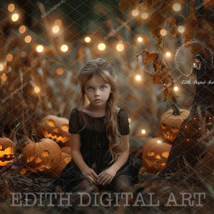 May include: A young girl in a black dress stands in a spooky forest setting with glowing lights and jack-o'-lantern pumpkins.