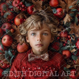 May include: A young boy with blonde hair wearing a red sweater and a sparkly bow tie is lying on a bed of red apples and fall leaves. The boy is looking directly at the camera.