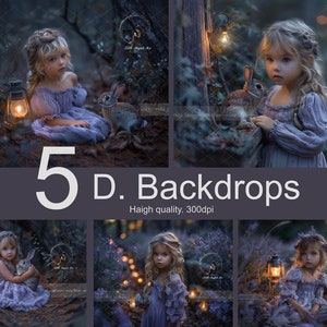 Pode incluir: Cinco cenários digitais com uma menina pequena com um vestido roxo e um coelho. Os cenários são ambientados em uma floresta com uma lanterna e um tronco de árvore. O texto "5 D. Backdrops Haigh quality: 300dpi" está na parte inferior da imagem.