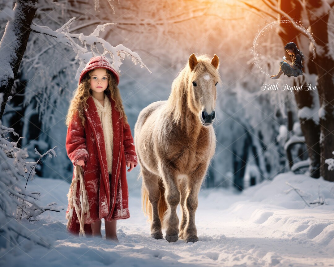 Winter Digital Backdrop Photography, Horse on Snowy Forest Background ...