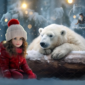 Polar Bear at Snowy Forest Backdrop Photography, Christmas Digital Background, Outdoors Winter Digital Download, Kids& Pets  Portrait Photo