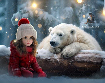 Polar Bear at Snowy Forest Backdrop Photography, Christmas Digital Background, Outdoors Winter Digital Download, Kids& Pets  Portrait Photo
