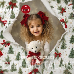 May include: A young girl with curly blonde hair and red bows holds a white teddy bear with a red bow. The background features a Christmas-themed pattern with green trees and red bows. The image includes the text "DIGITAL BACKGROUNDS".