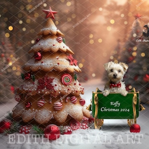 Fotografia di sfondo digitale di Natale, per bambini, animali domestici, cani, gatti, ritratto di Natale divertente, albero di Natale di pan di zenzero, foto della slitta di Babbo Natale