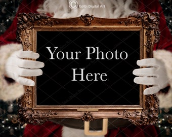 Santa Holding a Frame Photography, Christmas Digital Backdrop, Santa Photoshop Template, Holiday Background Composite, Photoshop Overlay.
