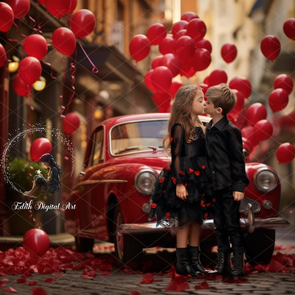 Valentines Digital Backdrop Photography, Romantic Vintage Car on Street Digital Background Composite for Kids and Pets, Valentines Outdoors