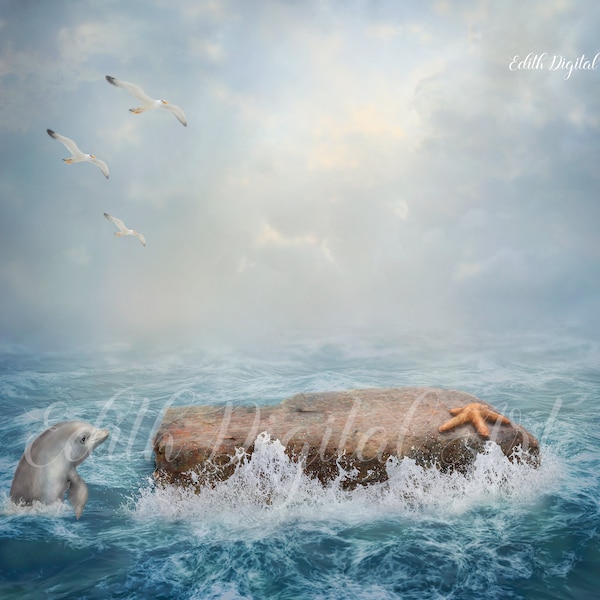 Dolphin In Ocean Digital Backdrop, Mermaid in Rock Background, Fantasy Kids Photography Photoshop Composite.