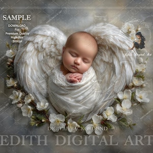 Newborn Digital Backdrop, Baby Angel Wings For Girl or Boy, Fine Art Composite, White Floral Background Studio Photography Digital Prop