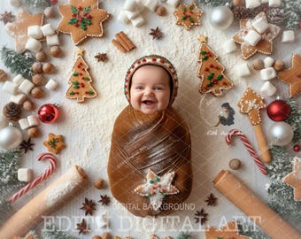 Christmas Digital Backdrop, Christmas Baking Newborn Composite, Bakery Flat Board, Holiday Portrait, Studio Photography, Flour Baby Add Face