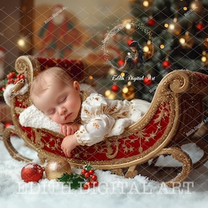 Kerst digitale achtergrond fotografie kerstman rode slee, pasgeboren portretten, studiocomposiet, babyfoto digitale download, kerstachtergrond