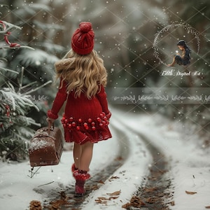 Christmas Digital Backdrop Photography Snowy Winter Road Background, Fantasy Christmas Overlay, Outdoor Template  Portraits + Snow Overlay