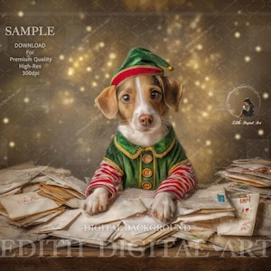 Christmas Digital Background For Pets, Dog Christmas Digital Backdrop, Fun Photo Portrait For Puppy & Cats, Elf Helping Santa With Letters.
