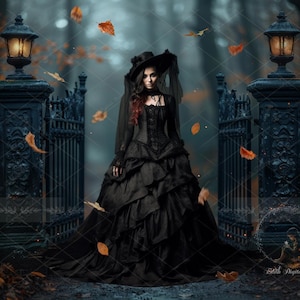 Halloween Digital Backdrop Photography, Cemetery Gate Door Digital Background, Fall Path, Autumn Road Portrait Composite, Creative Photo.