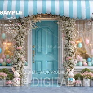 May include: An Easter-themed shop front with a light blue door and awning. Pastel eggs are displayed in the windows. Two bunny statues are at the entrance. The image includes the text "SAMPLE" and "DIGITAL BACKGROUNDS".