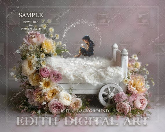 Newborn Digital Backdrop, Spring Flower White Bed Digital Prop