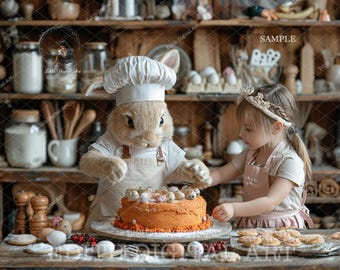 Easter Digital Backdrop Photography Composite, Bake Carrot Cake With Easter Bunny Digital Background, Fun Children Portrait, Digital Kitchen