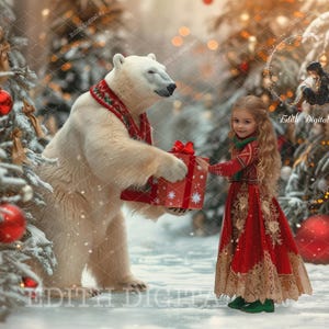 Photographie numérique de Noël en toile de fond, ours polaire, arbre de Noël enneigé, route forestière, arrière-plan bois enneigé, cadeau de Noël + superposition de neige