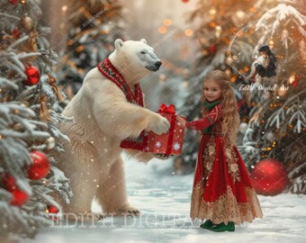 Christmas Digital Backdrop Photography, Polar Bear, Christmas Tree Snow Forest Road, Snowy Woodland Background, Xmas Gift, + Snow Overlay
