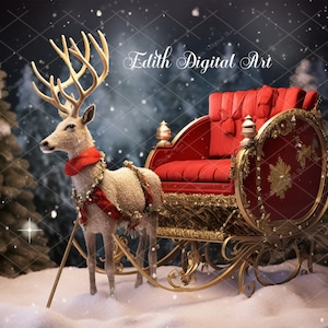 Christmas Digital Backdrop Photography, Santa&#39;s Sleigh Background, Fantasy Christmas Overlay Backdrop for Kids, Toddlers, Christmas Reindeer