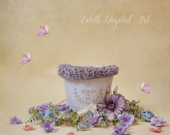 Newborn Digital Butterfly Backdrop Purple Floral Digital Prop, Newborn Composite for Newborn Photography Floral Background.