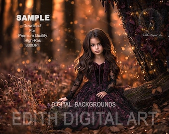Fall Digital Background Photography,  Magical  Autumn Landscape. Sunset Outdoor Tree Log Background Composite. Instant Download