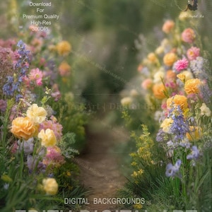 May include: A digital background featuring a path through a vibrant flower garden. The image showcases a variety of colorful blooms in shades of pink, yellow, and blue, with the text "SAMPLE" and "EDITH DIGITAL ART".