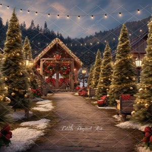 May include: A snowy winter scene with a wooden cabin decorated for Christmas. The cabin has a red door with a wreath and is surrounded by decorated Christmas trees with lights and ornaments. The path leading to the cabin is lined with snow.