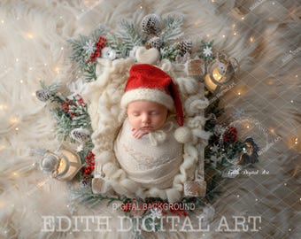 Fondo digital para recién nacidos, fondo digital navideño para fotografía, cama navideña para recién nacidos, fotomontaje de bebé, descargable