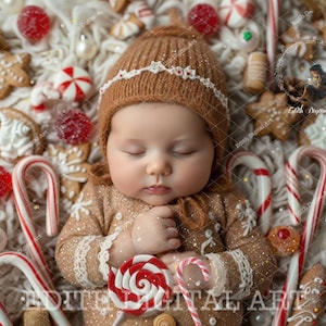 May include: A baby wearing a brown knitted hat and a brown and white sweater is sleeping on a bed of candy canes, candy, and gingerbread cookies. The baby is holding a red and white lollipop.