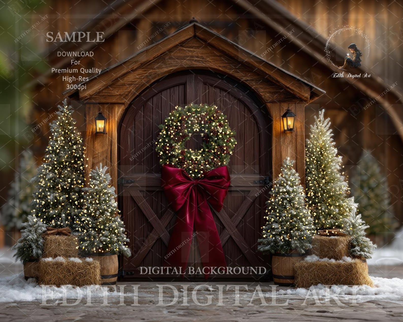 Christmas Tree Farm Digital Backdrop, Red Storefront Door, Rustic Red ...
