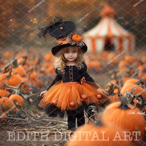 Puede incluir: Una niña vestida de bruja con un disfraz naranja y negro, un sombrero de bruja negro y una calabaza en el pelo. Está de pie en un campo de calabazas.