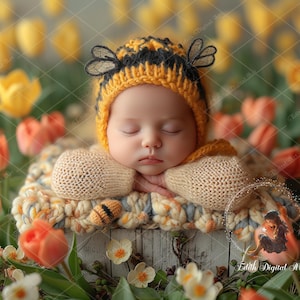 Newborn Digital Background Photography Composite, Face Insert Baby Backdrop Girl Add face Digital Photo Prop, Newborn Easter Bee Portrait