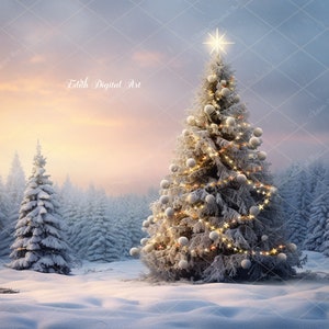 Puede incluir: Un árbol de Navidad cubierto de nieve con adornos blancos y luces en forma de estrella, coronado por una estrella, se alza en un bosque nevado. El fondo presenta un cielo suave y árboles cubiertos de nieve. Arte digital.