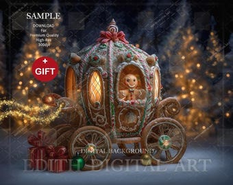 Christmas Digital Backdrop, Gingerbread Carriage Digital Background Photo Composite For Kids, Pets or Wall Art + Snow Overlay.  Download