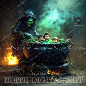 May include: A green witch with a cauldron full of green smoke. Three children are in the cauldron, looking scared. The cauldron is on a fire.