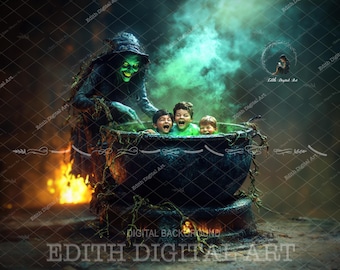 Cyfrowe tło kompozytowe na Halloween, cyfrowe tło fotograficzne w kształcie kotła czarownicy, napój czarownicy, zabawny portret na Halloween dla dzieci i zwierząt.