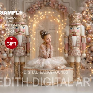 May include: A digital background with two pink and gold nutcrackers and a young person in a white dress. The scene is set against a backdrop of Christmas trees with pink baubles and a glowing arch. The image includes the text "SAMPLE", "GIFT", and "DIGITAL BACKGROUNDS".