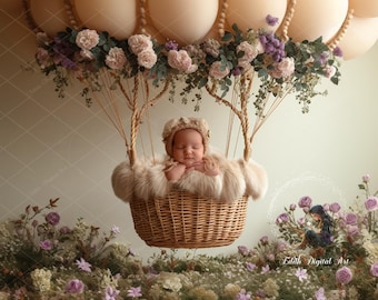 Newborn Digital Backdrop Photography, Baby Girl Digital Background, Digital Photo Prop Composite, Spring Floral Air Ballon, Nursery Photo