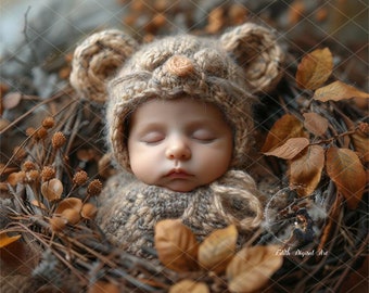 Newborn Backdrop Photography Face Insert, Baby Digital Background, Add face Newborn Composite, Newborn Mouse on Autumn Nest, Baby Poppet