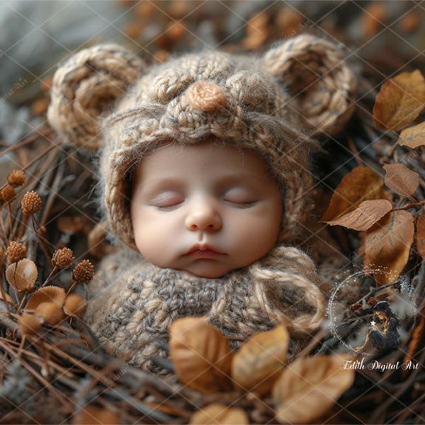 Newborn Backdrop Photography Face Insert, Baby Digital Background, Add face Newborn Composite, Newborn Mouse on Autumn Nest, Baby Poppet