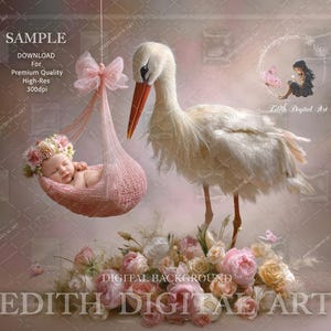 May include: A white stork with a pink bow stands on a bed of pink and white flowers. A baby is sleeping in a pink and white hammock hanging from the stork's neck. The background is a soft pink and white.