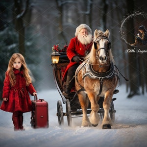 Christmas Santa On Sleight at Snowy Forest, Christmas Digital Backdrop, Christmas Background Photography, Santa  Winter Outdoor Composite.