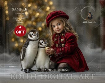 May include: A young girl in a red velvet coat and hat with gold buttons, holding a small golden ornament, poses with two penguins. The image has a soft, blurred background with bokeh lights, creating a festive atmosphere.