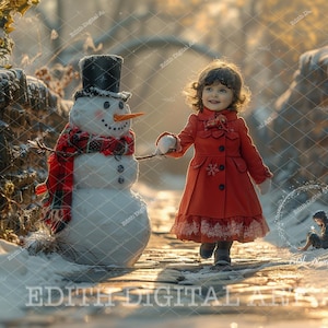 Sneeuwpop digitale achtergrondfotografie, kerst digitale achtergrond composieten, magisch kerstportret, winter, besneeuwde weg, + sneeuwoverlay