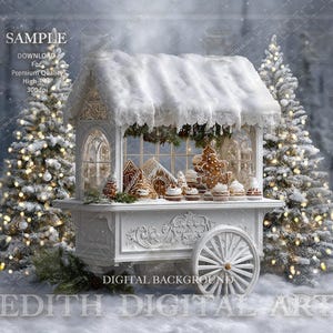 Fondo digital de carrito de dulces navideños, puesto de pan de jengibre, escena de un país de las maravillas invernal nevado, fondo para sesión fotográfica de estudio de vacaciones.