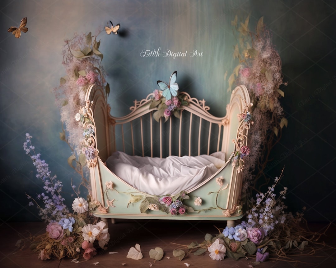 Newborn Digital Wooden Bed, Newborn Digital Background, Baby Floral