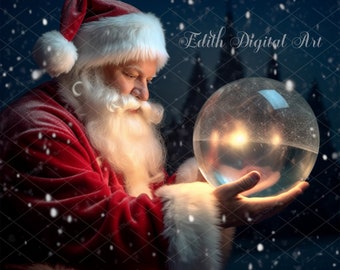 Weihnachtsmann hält Schneekugel-Hintergrund, Weihnachtsmann mit Kristall-Schneekugel-Hintergrund, Weihnachts-Digitalfotografie-Verbundstoff. Photoshop-Overlay